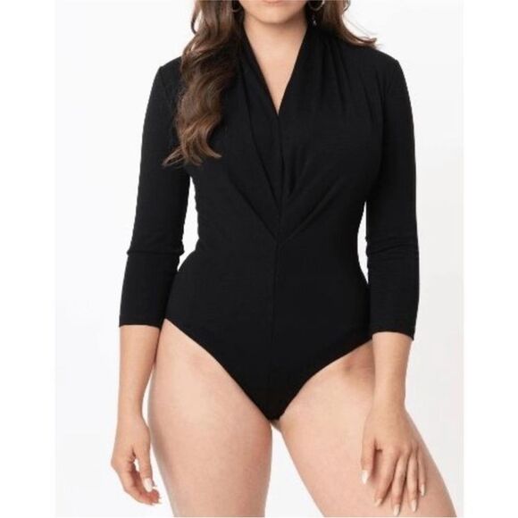 Unique Vintage Tops - Unique Vintage Black Gathered Neckline Friday Night Bodysuit Size Small
